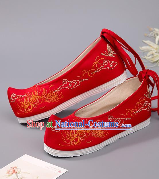 China Wedding Shoes Ancient Princess Shoes Embroidered Manjusaka Shoes Handmade Red Cloth Shoes Hanfu Bride Shoes