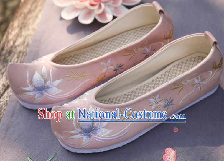 Traditional China Hanfu Shoes Handmade Shoes National Shoes Cloth Shoes Embroidered Lotus Pink Shoes