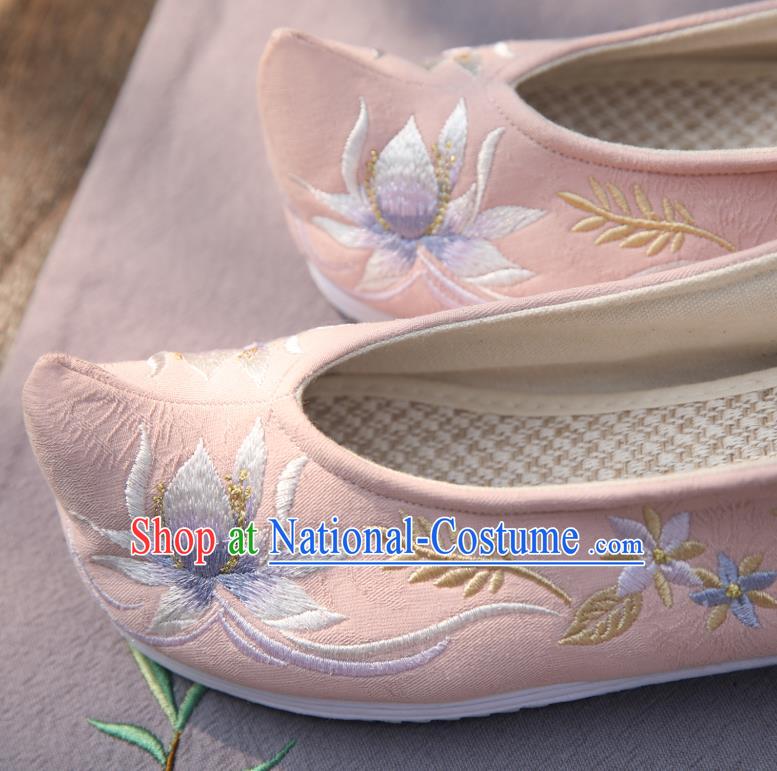 Traditional China Hanfu Shoes Handmade Shoes National Shoes Cloth Shoes Embroidered Lotus Pink Shoes