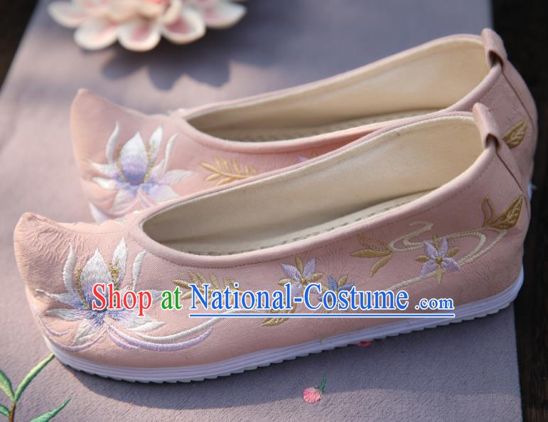 Traditional China Hanfu Shoes Handmade Shoes National Shoes Cloth Shoes Embroidered Lotus Pink Shoes