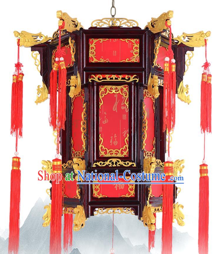 Chinese Golden Dragon Head Hanging Lamp Classical Red Lanterns Traditional New Year Palace Lantern Handmade Wood Lantern