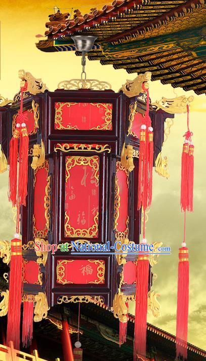 Chinese Golden Dragon Head Hanging Lamp Classical Red Lanterns Traditional New Year Palace Lantern Handmade Wood Lantern