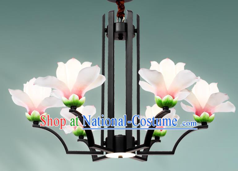 Chinese Traditional Ceiling Lantern Handmade Classical Six Pieces Light Lanterns Iron Art Living Room Mangnolia Lamp