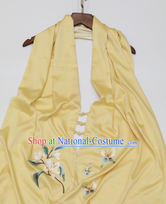 China Yellow Silk Scarf Traditional Embroidered Tippet Embroidery Magnolia Craft Mother Cappa