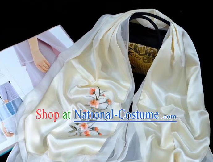 Traditional China Mother Cappa Embroidered Tippet Suzhou Embroidery Craft Beige Silk Scarf