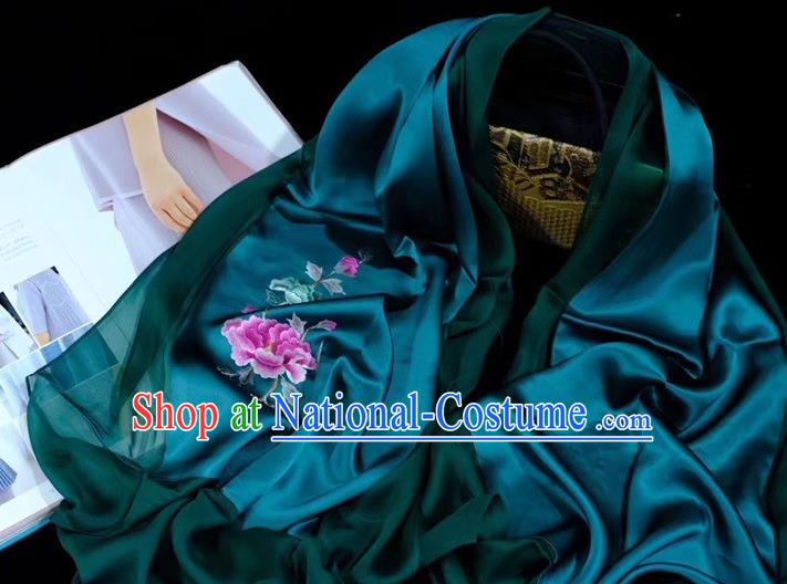 Traditional China Mother Cappa Deep Green Silk Scarf Embroidered Tippet Suzhou Embroidery Peony Craft