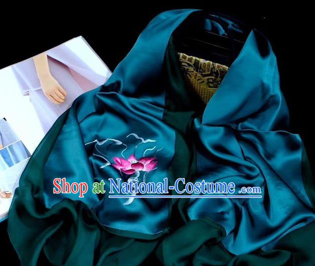 Traditional China Embroidered Tippet Accessories Deep Green Silk Scarf Suzhou Embroidery Lotus Craft Bride Mother Cappa