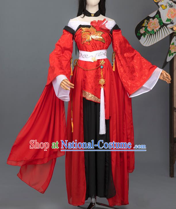 Chinese Ming Dynasty Young Female Costumes Ancient Swordswoman Red Hanfu Dress Fairy Princess Apparels