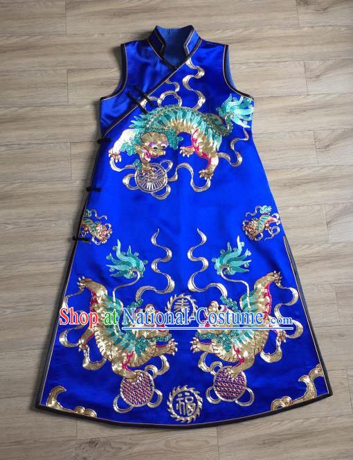 China Embroidered Kylin Royalblue Silk Qipao Dress Vest Cheongsam Women National Clothing