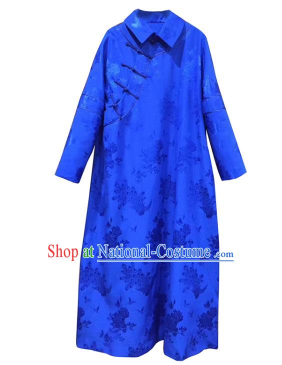 China Tang Suit Women Clothing Classical Rose Pattern Cheongsam Royalblue Silk Qipao Dress Costume