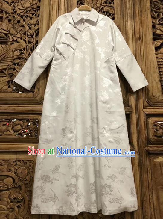 China Qipao Dress Costume Tang Suit Women Clothing Classical Peony Butterfly Pattern White Silk Cheongsam