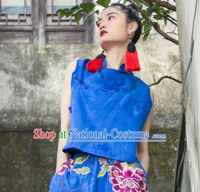 China Tang Suit Blouse National Clothing Blue Brocade Shirt Costumes for Women