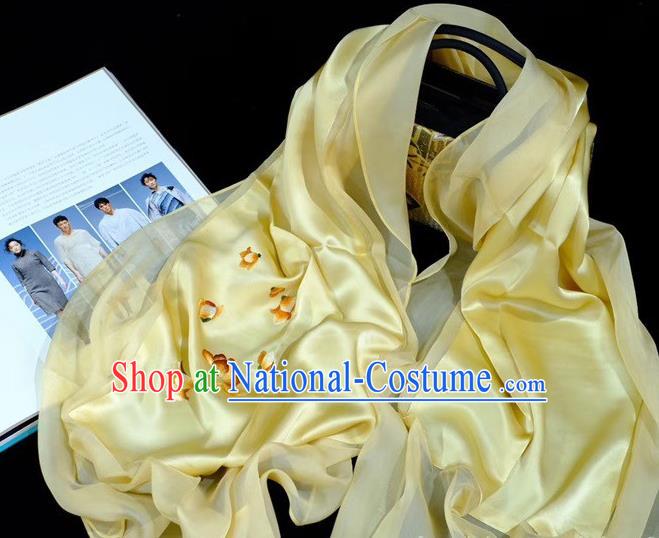 Traditional China Embroidered Mangnolia Yellow Tippet Suzhou Embroidery Craft Mother Cappa Silk Scarf