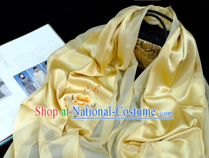 Traditional China Suzhou Embroidery Craft Mother Cappa Silk Scarf Embroidered Peony Yellow Tippet