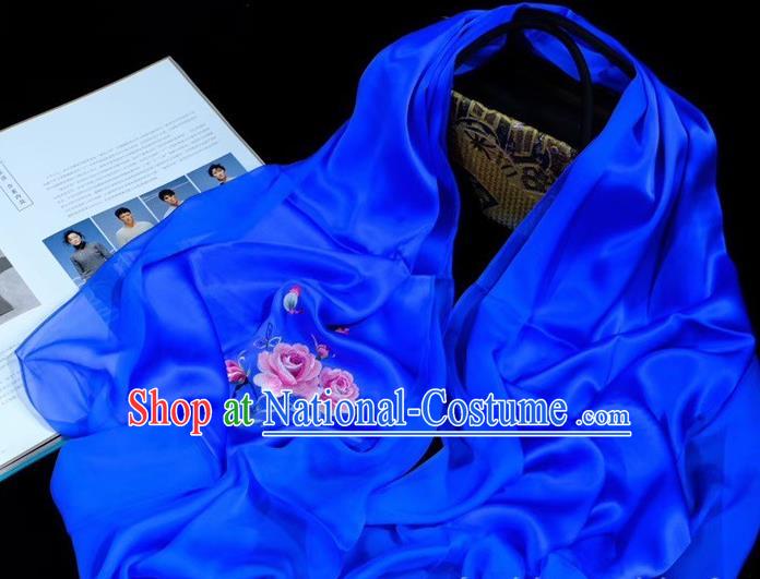 China Suzhou Embroidery Craft Mother Cappa Traditional Silk Scarf Embroidered Rose Royalblue Tippet