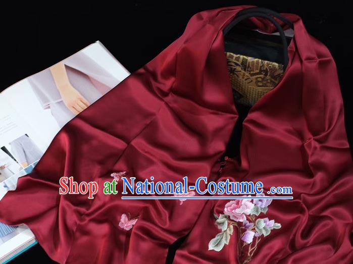 China Embroidery Wine Red Silk Scarf Accessories Traditional Suzhou Embroidered Tippet Wedding Exquisite Mother Cappa