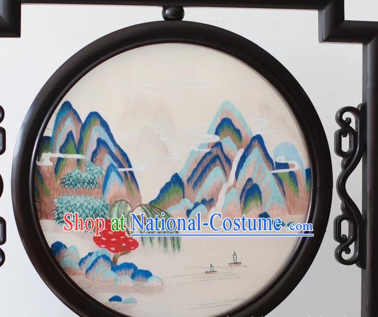 China Traditional Landscape Painting Desk Screen Embroidery Ornaments Craft Handmade Suzhou Embroidered Byobu Screen