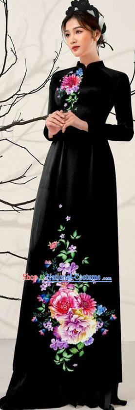 Asian Vietnam Black Ao Dai Qipao Dress Traditional Vietnamese Costumes Classical Printing Flowers Cheongsam and Pants for Women