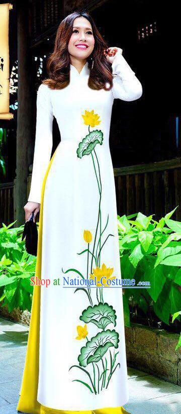 Asian Vietnam Ao Dai Qipao Traditional Vietnamese Cheongsam Costumes Classical Hand Painting Lotus Dress and Yellow Pants for Women