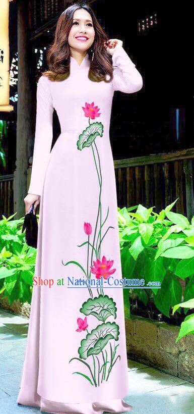 Asian Vietnam Ao Dai Qipao Traditional Vietnamese Cheongsam Costumes Classical Hand Painting Lotus Pink Dress and Pants for Women