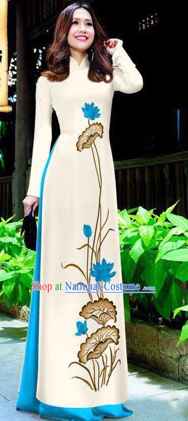 Asian Vietnam Ao Dai Qipao Traditional Vietnamese Cheongsam Costumes Classical Hand Painting Lotus Dress and Blue Pants for Women