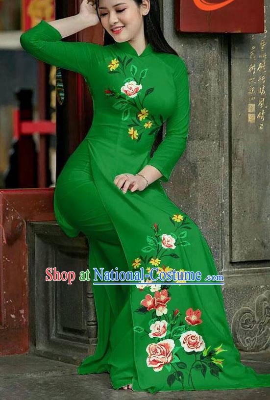 Asian Vietnam Printing Roses Ao Dai Qipao Traditional Vietnamese Cheongsam Costumes Classical Green Dress and Pants for Women