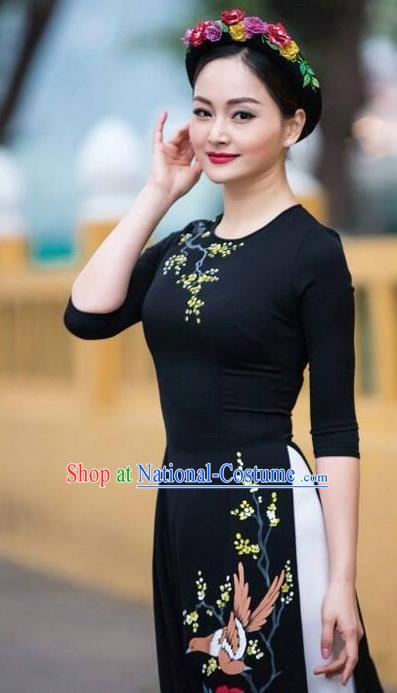 Asian Vietnam Printing Peony Birds Ao Dai Qipao Traditional Vietnamese Cheongsam Costumes Classical Black Dress and Pants for Women