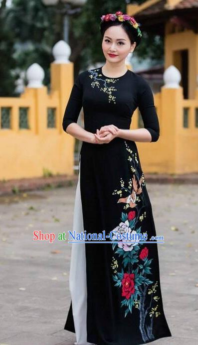 Asian Vietnam Printing Peony Birds Ao Dai Qipao Traditional Vietnamese Cheongsam Costumes Classical Black Dress and Pants for Women