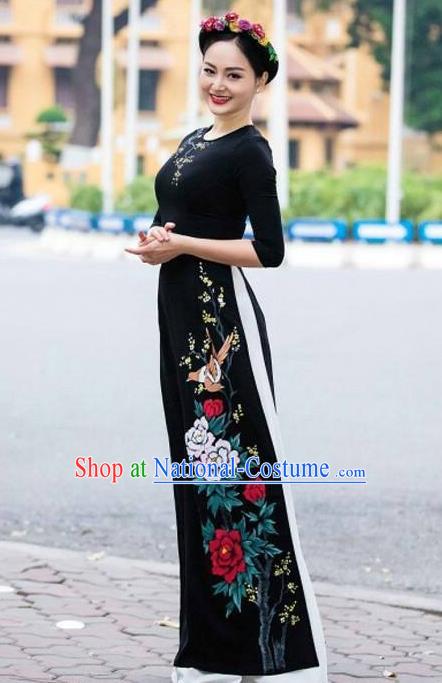 Asian Vietnam Printing Peony Birds Ao Dai Qipao Traditional Vietnamese Cheongsam Costumes Classical Black Dress and Pants for Women