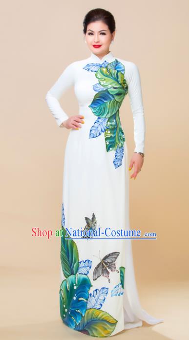 Asian Vietnam Printing Butterfly Ao Dai Qipao Traditional Vietnamese Cheongsam Costumes Classical White Dress and Pants for Women