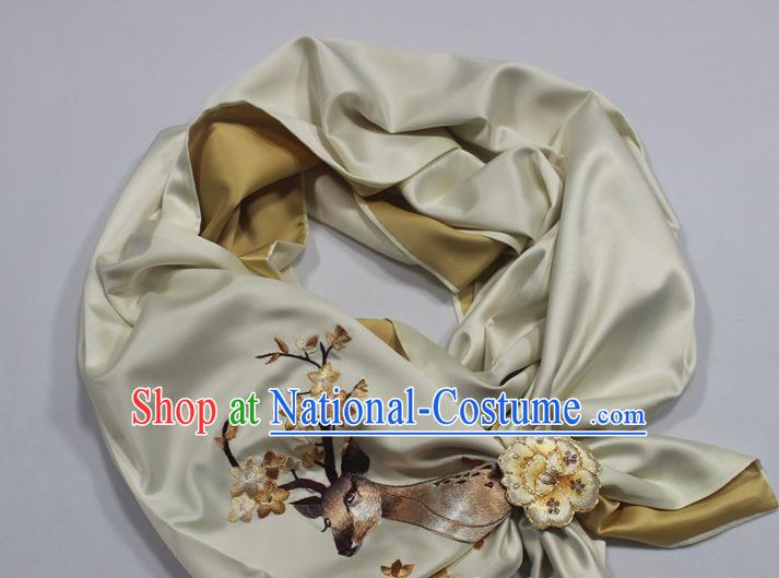 Chinese Traditional Cheongsam Accessories Top Grade Tippet with Brooch Embroidered Deer Yellow Silk Scarf