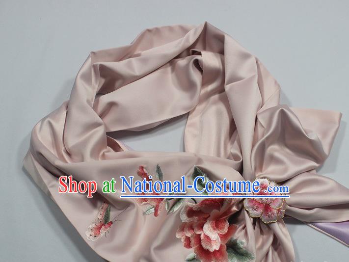 Champagne Silk Tippet Chinese Traditional Cheongsam Accessories Top Grade Embroidered Peony Scarf with Brooch