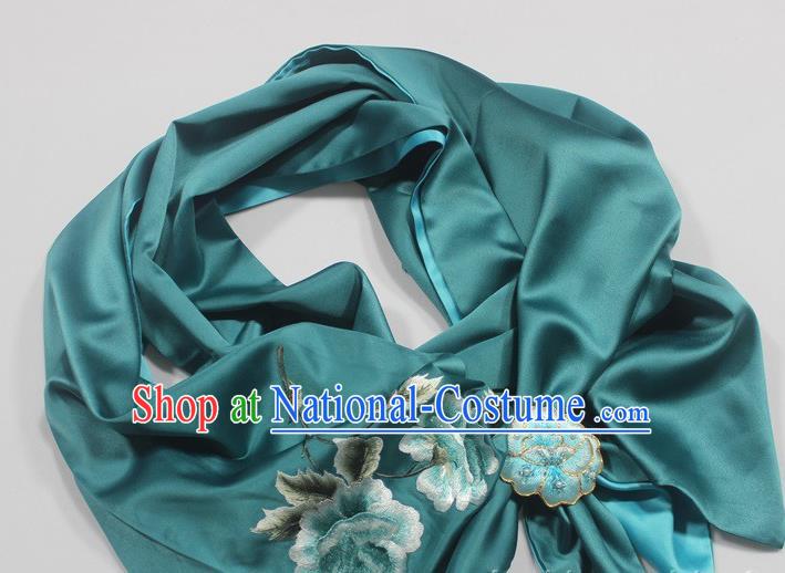 Chinese Traditional Cheongsam Scarf Accessories Top Grade Embroidered Peony Teal Silk Tippet with Brooch