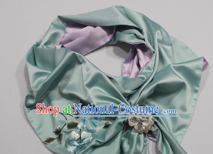 Top Grade Embroidered Peony Blue Silk Tippet Chinese Traditional Cheongsam Scarf Accessories with Brooch