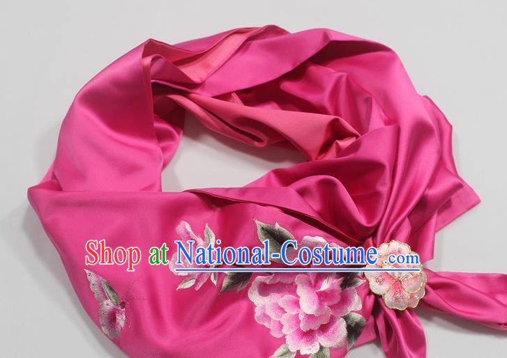 Chinese Traditional Cheongsam Scarf Accessories with Brooch Rosy Silk Embroidered Peony Tippet