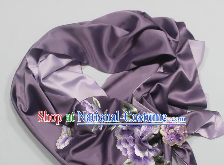 Traditional Embroidered Peony Scarf Chinese Cheongsam Accessories with Brooch Drak Purple Silk Tippet