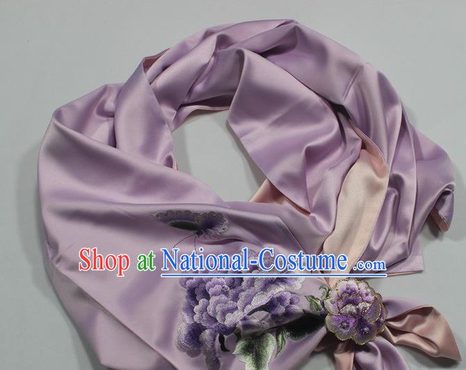 Chinese Cheongsam Accessories Traditional Embroidered Peony Scarf Lalic Silk Tippet with Brooch