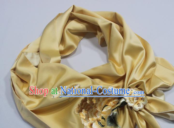 Chinese Yellow Silk Tippet Cheongsam Accessories Traditional Embroidered Peony Scarf with Brooch