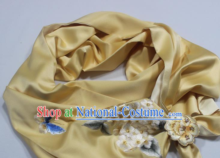 Chinese Traditional Embroidered Plum Butterfly Scarf with Brooch Yellow Silk Tippet Cheongsam Accessories