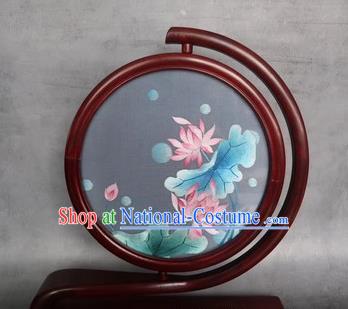 Traditional China Embroidered Lotus Painting Desk Screen Handmade Rosewood Carving Table Decoration