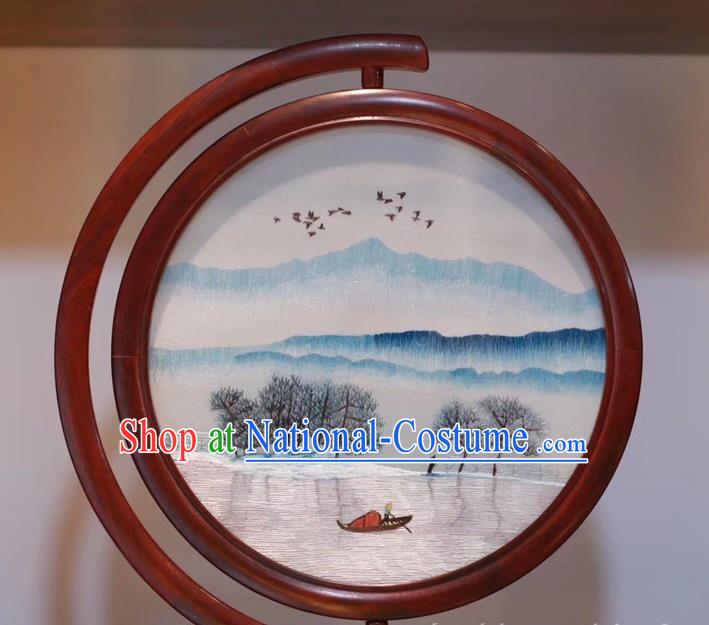 Traditional China Handmade Rosewood Carving Table Decoration Desk Screen Embroidered Paysage Painting Craft