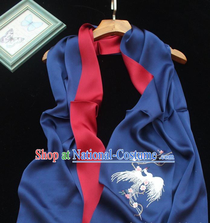 Chinese Traditional Cheongsam Embroidery Phoenix Accessories Embroidered Scarf Navy Silk Tippet