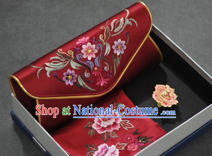 Chinese Traditional Suzhou Embroidery Accessories Embroidered Wine Red Silk Scarf and Handbag Set