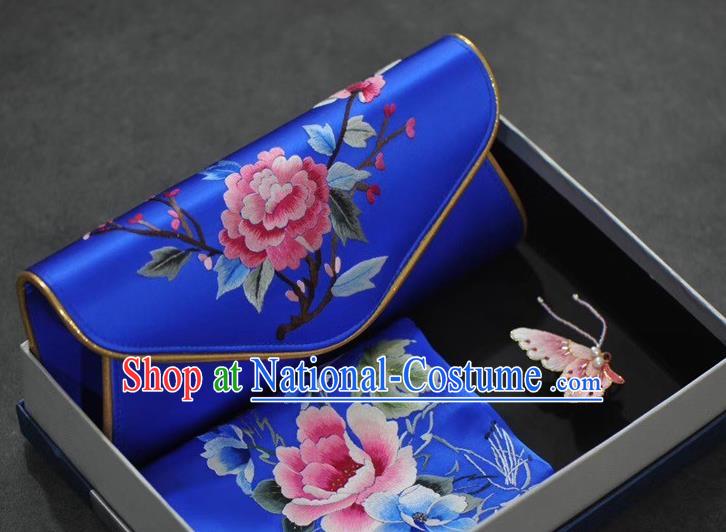 Chinese Embroidered Royalblue Silk Scarf and Handbag Brooch Traditional Suzhou Embroidery Peony Accessories