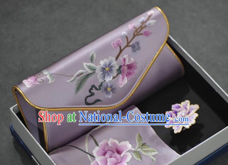 Chinese Traditional Suzhou Embroidery Cheongsam Accessories Embroidered Lilac Silk Scarf and Handbag Brooch Set