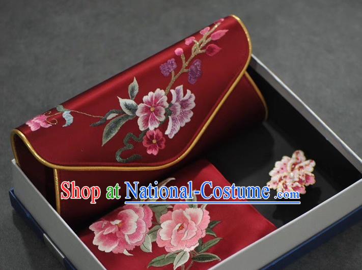 Gift Package Chinese Suzhou Embroidery Cheongsam Accessories Traditional Embroidered Wine Red Silk Scarf Handbag and Brooch