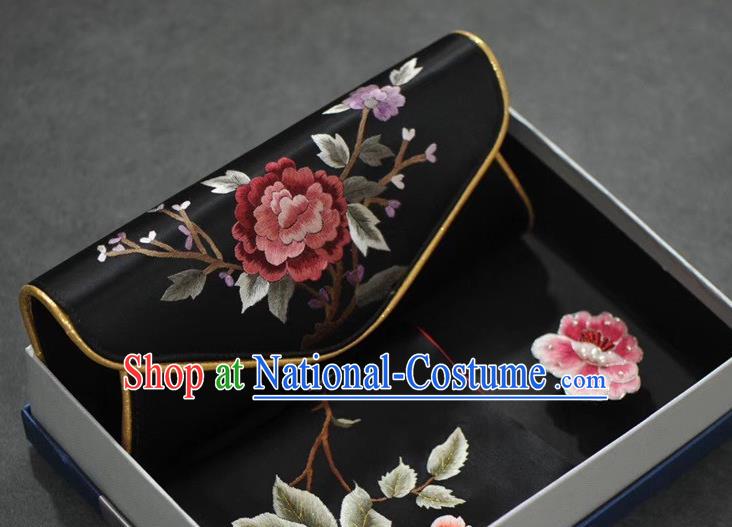 Gift Package Embroidered Black Silk Scarf Handbag and Brooch Chinese Suzhou Embroidery Peony Cheongsam Accessories