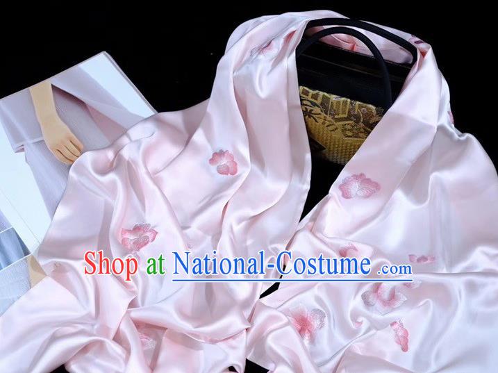 Chinese Cheongsam Cappa Pink Silk Tippet Accessories Traditional Embroidered Peach Blossom Scarf