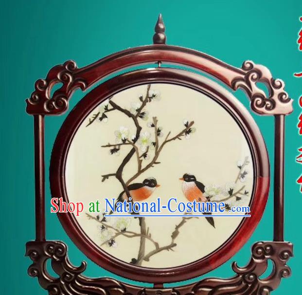 China Traditional Double Side Exquisite Embroidery Craft Handmade Rosewood Decoration Suzhou Embroidered Plum Blossom Desk Screen