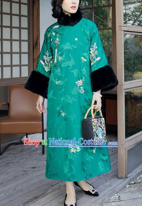 Traditional China Embroidered Flowers Green Satin Cheongsam Classical Qipao Dress National Winter Clothing for Women